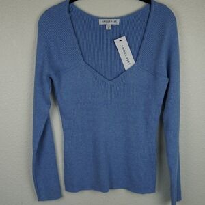 NWT AMOUR VERT Maelle Ribbed V Neck Long Sleeve Sweater Sky Blue Size M